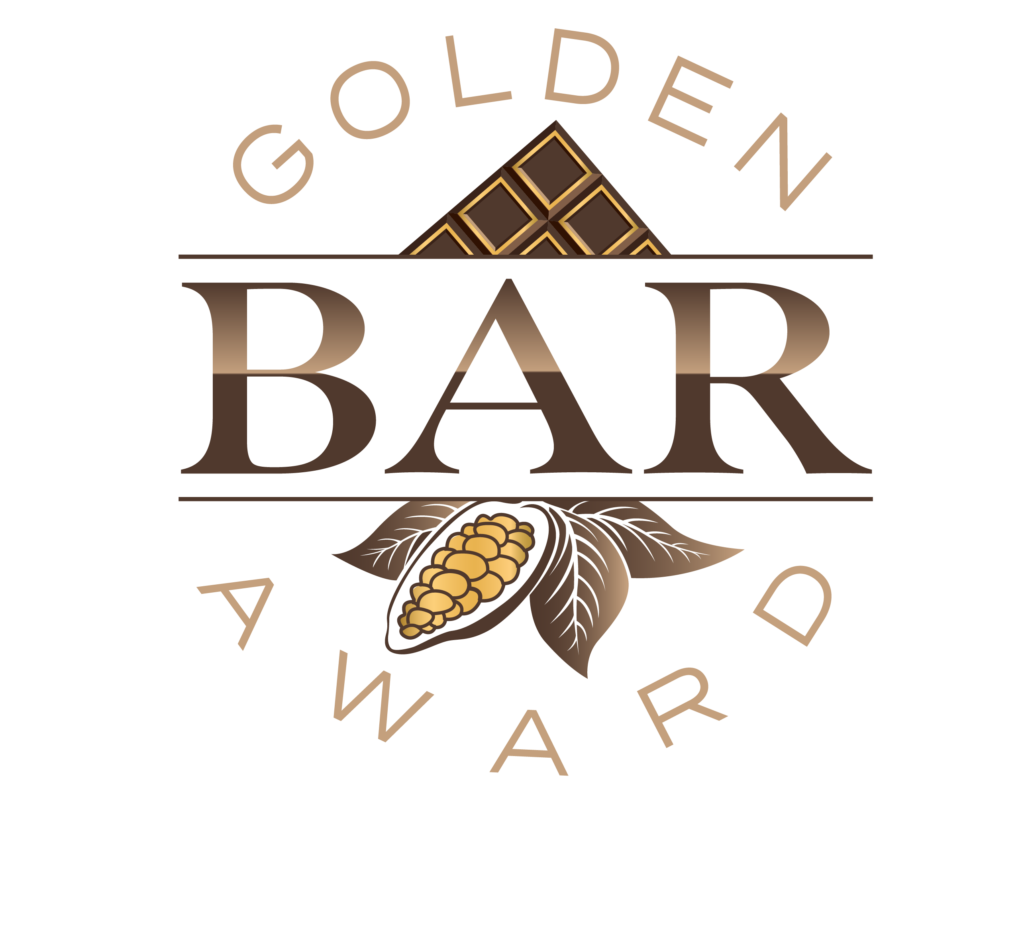 The Craft Chocolate Awards logo. The top has a curving golden brown "GOLDEN", a larger "BAR" in the middle surrounded by cacao leaves and pods, and a curving "AWARD" at the bottom.