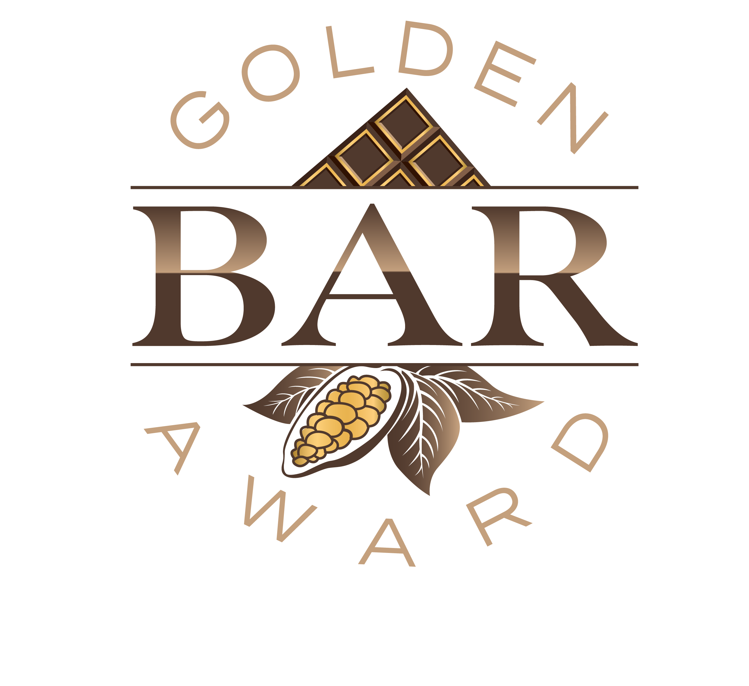 The Craft Chocolate Awards logo. The top has a curving golden brown "GOLDEN", a larger "BAR" in the middle surrounded by cacao leaves and pods, and a curving "AWARD" at the bottom.