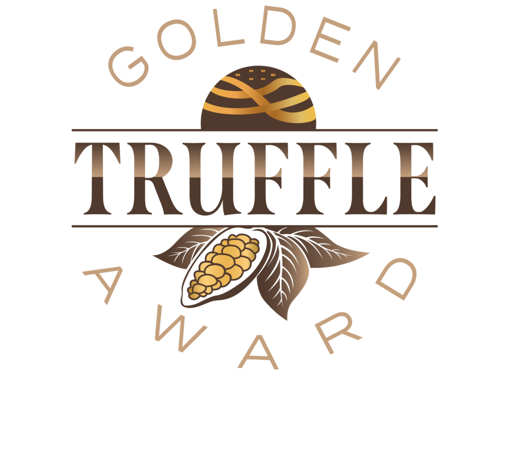 The Craft Chocolate Awards logo. The top has a curving golden brown "GOLDEN", a larger "TRUFFLE" in the middle surrounded by cacao leaves and pods, and a curving "AWARD" at the bottom.