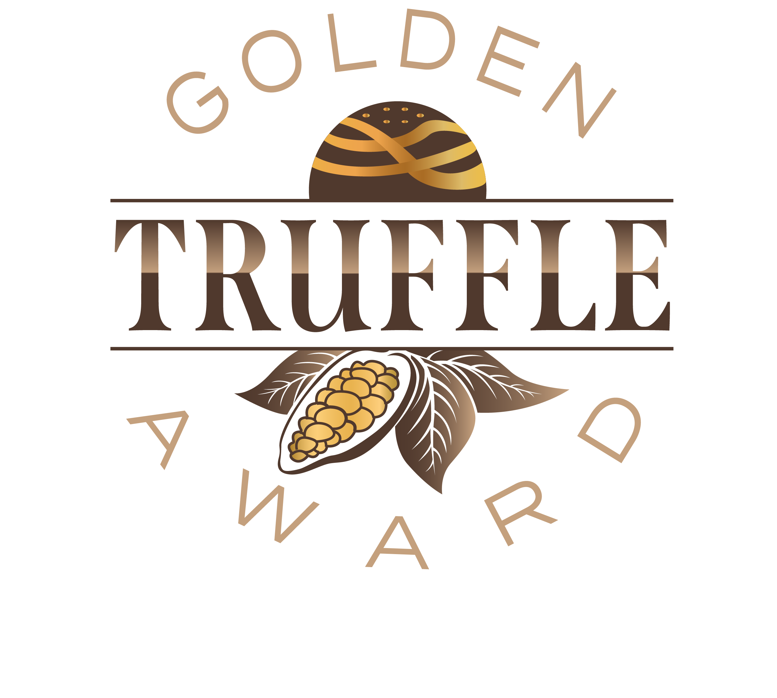 The Craft Chocolate Awards logo. The top has a curving golden brown "GOLDEN", a larger "TRUFFLE" in the middle surrounded by cacao leaves and pods, and a curving "AWARD" at the bottom.