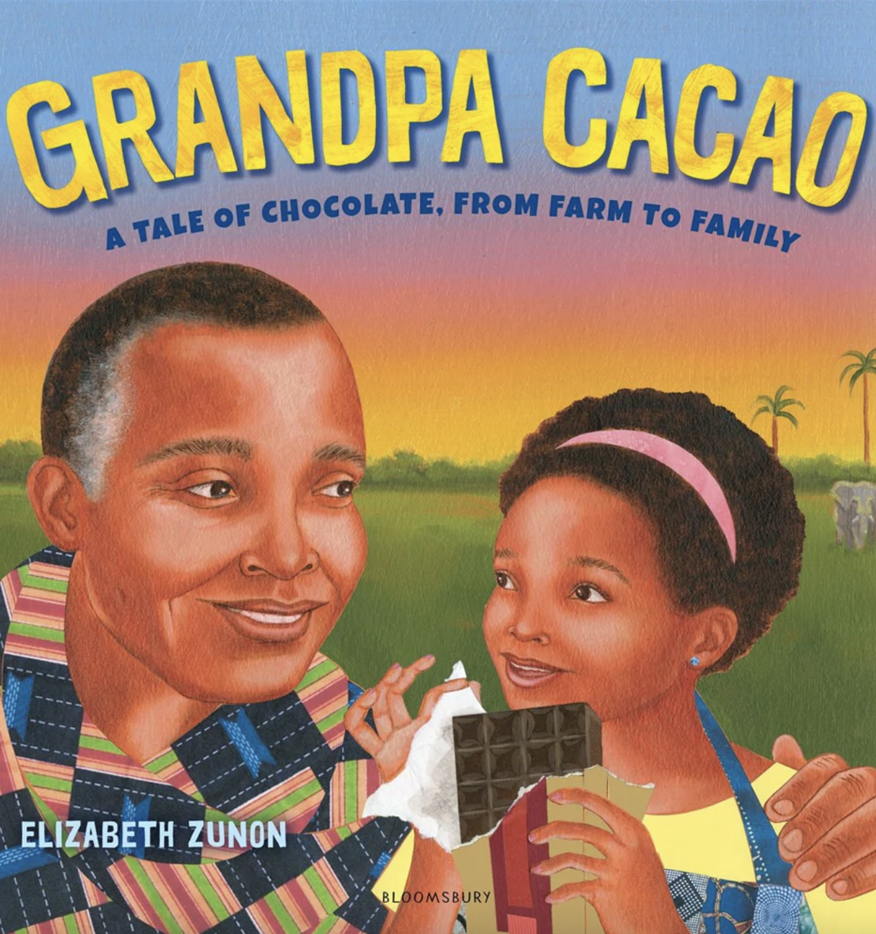 Books cover for Grandpa Cacao showing a grandfather and granddaughter.