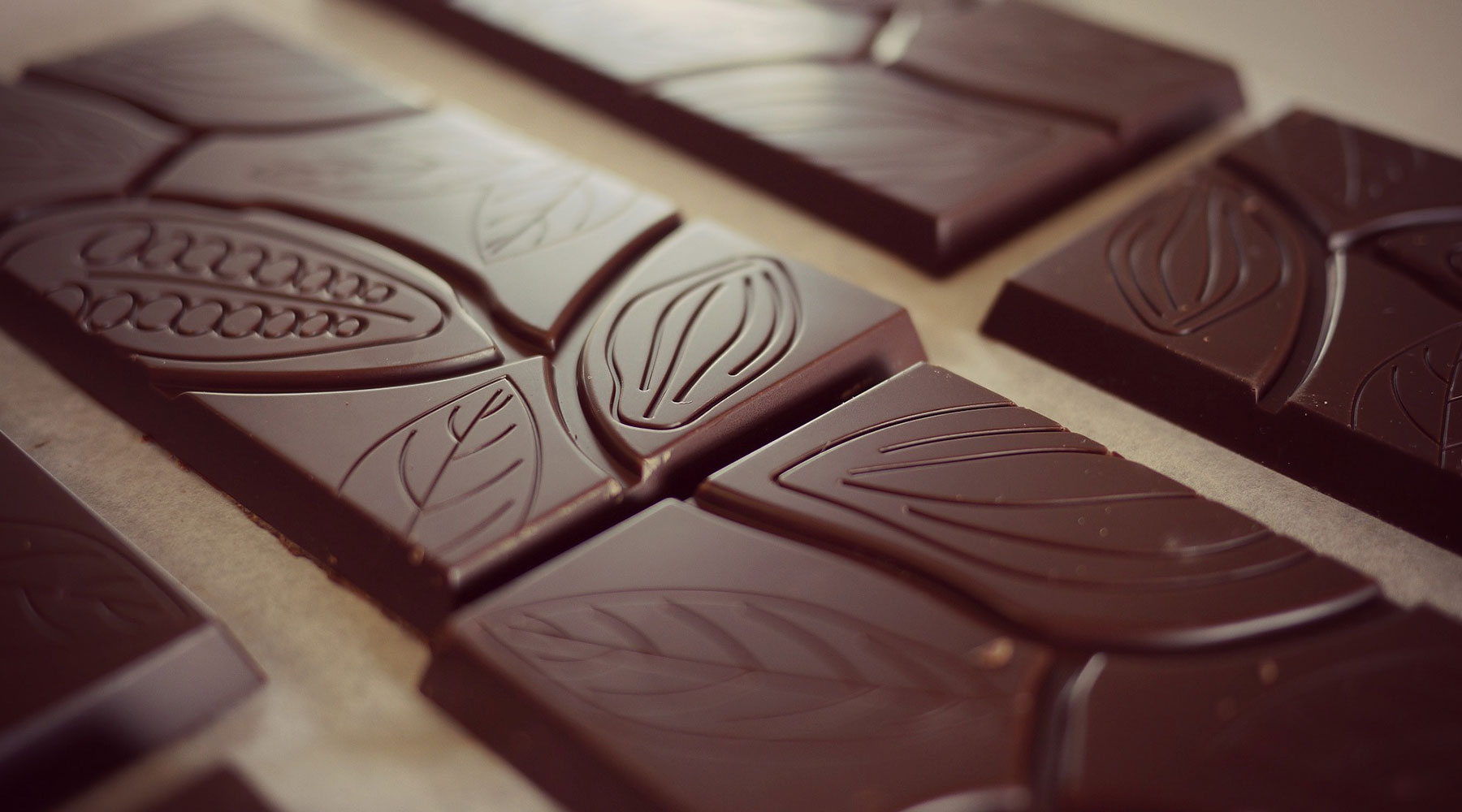 A completed chocolate bar with a mold inlay of a cacao pod and beans.
