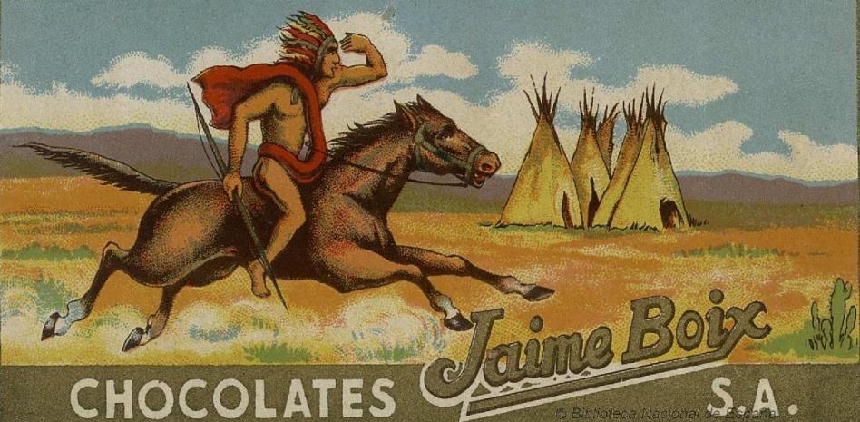 Spanish chocolate advertisement featuring and American Indian riding a horse past a teepee.