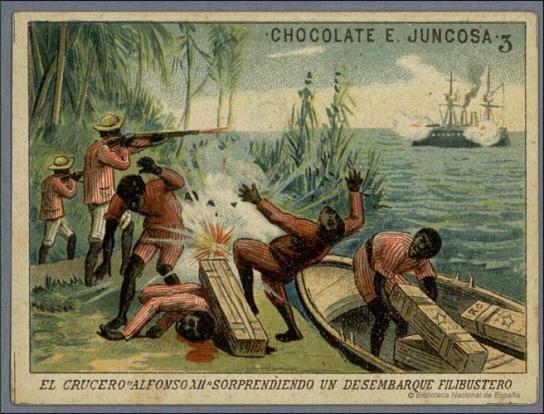 A trading card image of a skirmish between Cuban rebels unloading American supplies and an Spanish warship offshore.