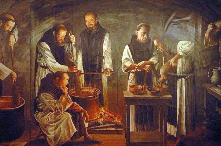 Spanish monks making chocolate. Painting.