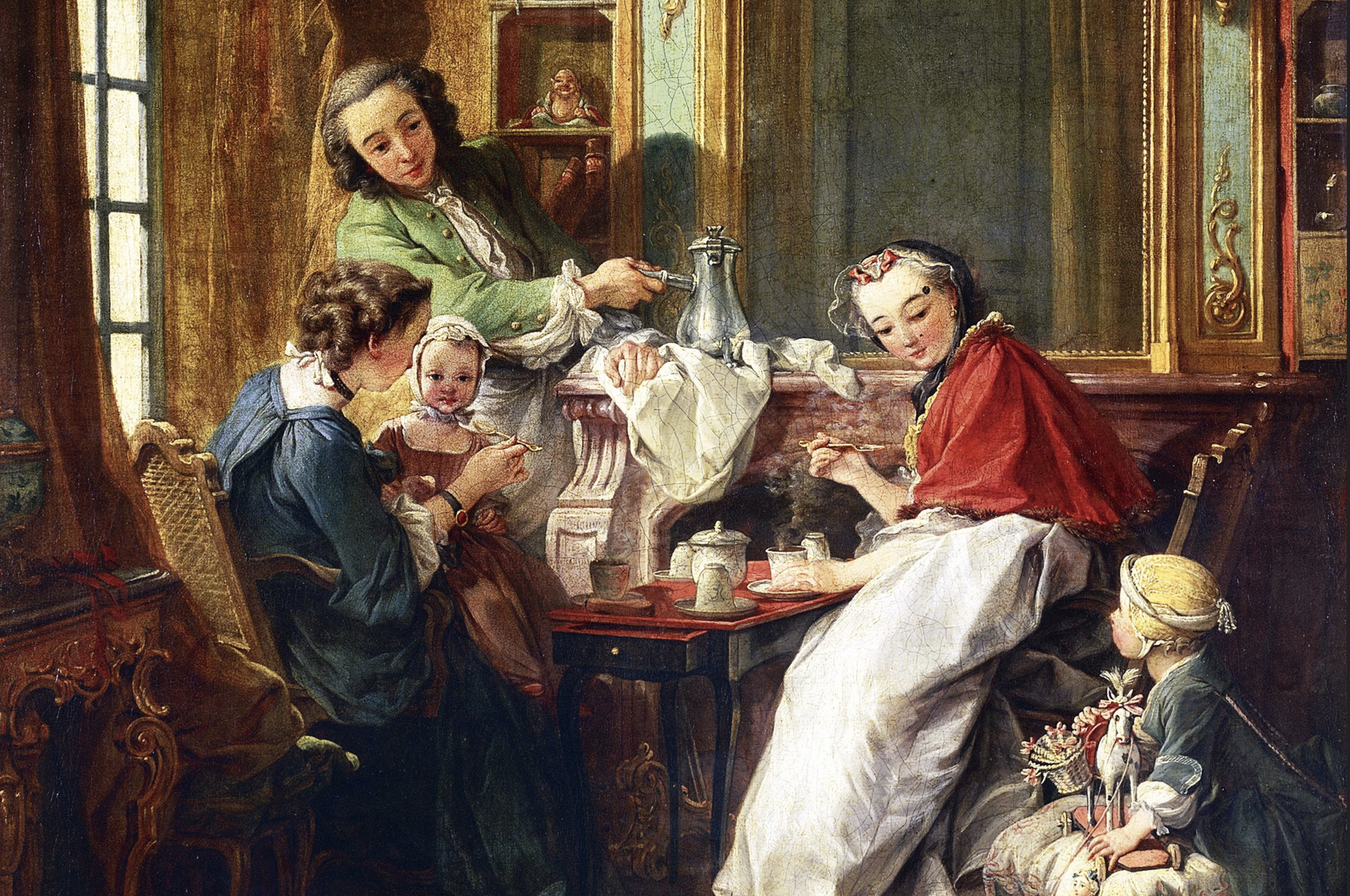 18th-century painting of a French family at breakfast (by François Boucher). The breakfast includes hot chocolate.