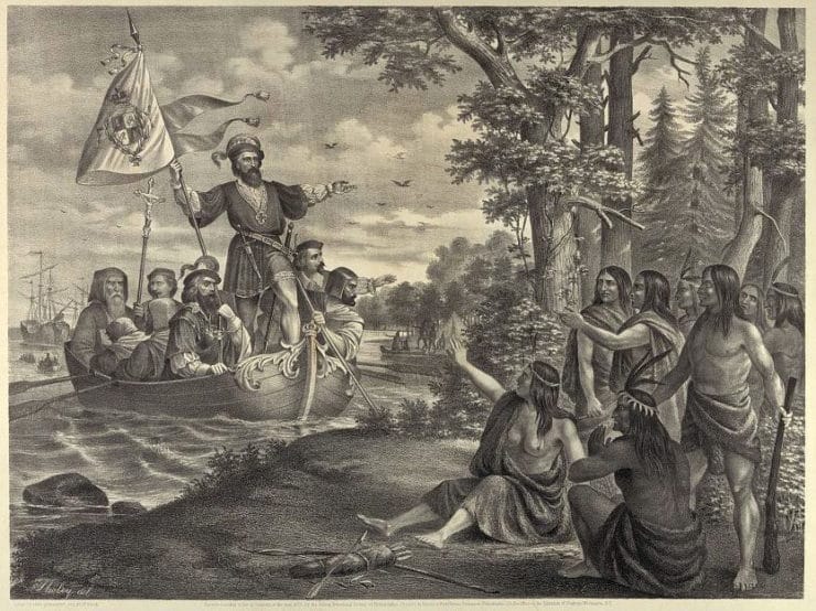 A romanticized and historically inaccurate depiction of Columbus "discovering" the New World.