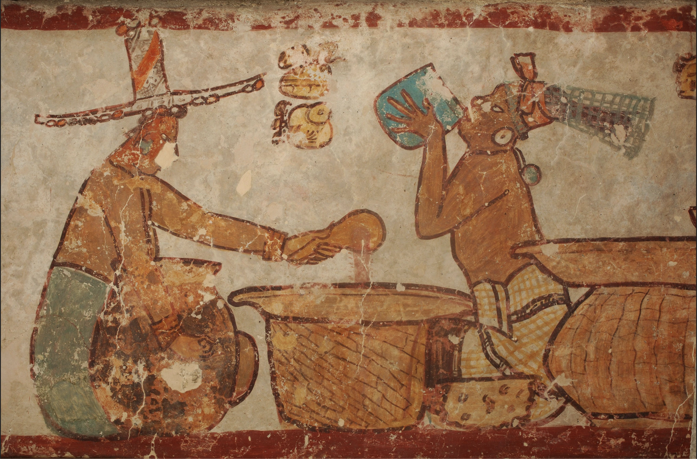 Painting from the ancient Maya city of Calakmul depict the preparation and drinking of cacao.
