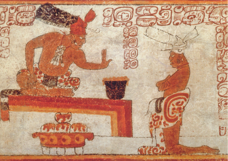 Late Classic (A.D. 600-800) depiction of a Mayan lord being presented with a bowl of frothing cacao, or chocolate. The glyph, second from the bottom on the far right column, is the sign for cacao.