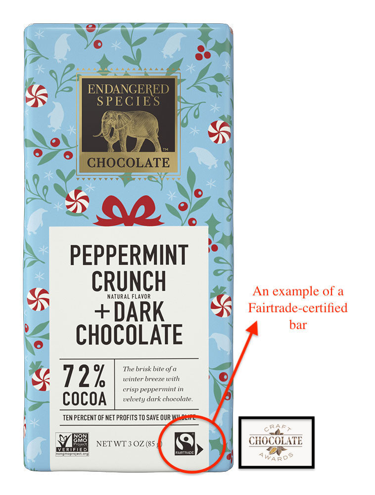 An example of a Fairtrade chocolate bar displaying the logo.