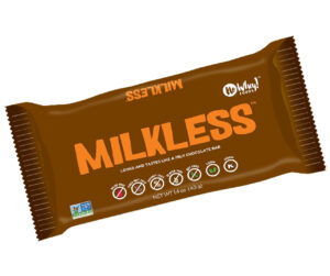 A Brown Chocolate Bar with the orange words "Milkless". This brand has built its identity around dairy free milk chocolate.