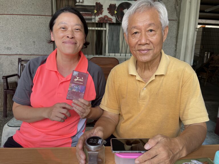 Jade Li and Mr. Chou. Jade buys Mr. Chou's high quality beans for her award-winning bars.